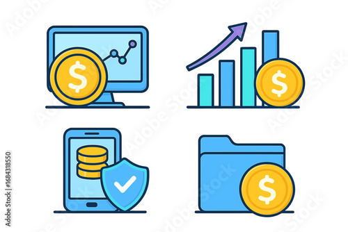 Finance icon set for fintech and banking. Concepts of investment growth, stock market analysis, secure mobile payment, profit graph, currency exchange and financial data storage.
