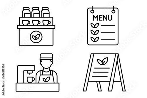 Tea Shop Icon Set, Outline Vector Elements for Café and Tea Bar, Counter Display with Tea Jars and Cups, Menu Board, Barista Station Illustration, Chalkboard Sign Design