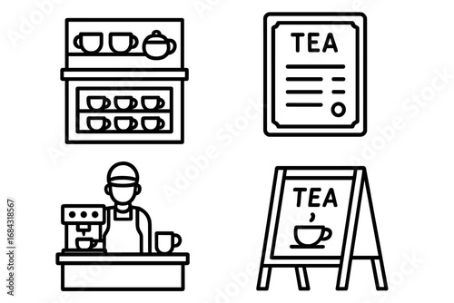 Tea Shop Icon Set. Outline vector collection of tea shop and café elements including counter display with cups, menu board, barista station, and chalkboard sign, cartoon style.