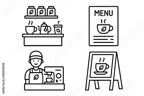 Tea Shop Icon Set, Outline Vector Collection of Tea Shop and Café Elements Including Counter Display, Menu Board, Barista Station, Chalkboard Sign, Hand-Drawn Cartoon Style