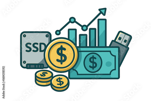 Digital finance and investment concept. Financial technology growth chart. Economy and market data analysis. Currency, money, SSD and USB flash drive for secure data storage.