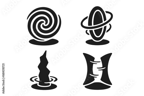 Time-space portal icons, vector solid filled set of swirling vortex gates, spinning rings, time rift portals, space fold gateways, cartoon style vector illustrations for sci-fi design