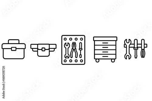 Tool storage icons set, outline vector collection of toolboxes, tool belts, pegboards, tool chests, magnetic tool rack organizer, workshop and garage equipment illustrations