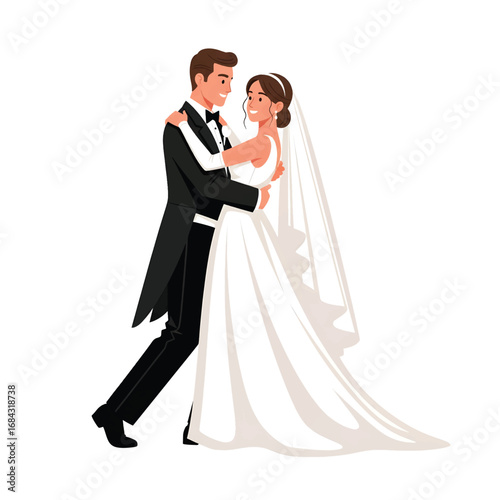 Elegant vector illustration of a happy bride and groom enjoying their first dance at a wedding celebration, isolated on white