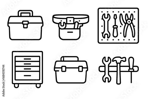 Tool storage icons outline set of tool storage solutions including toolbox, tool belt, pegboard, tool chest, tool rack, magnetic tool holder, vector cartoon illustration