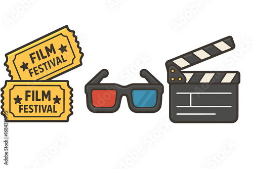 Film festival vector icons. Set includes movie tickets, 3D glasses, and a director's clapperboard. Cinema entertainment concept for premiere or movie night. Cartoon illustration.
