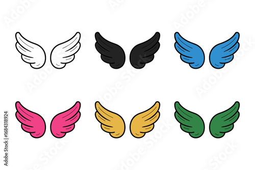 Wings of wonder vector set, stylized angel and bird wing icons, ornate feather shapes, whimsical decorative emblems, fantasy graphics collection