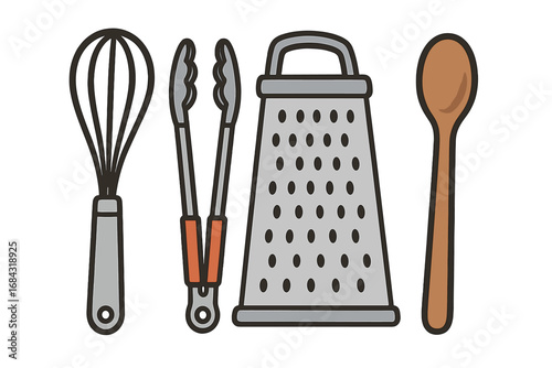 Essential kitchen utensils set for cooking. Vector cartoon illustration of whisk, tongs, grater, and spoon. Flat design icons for culinary tasks and food preparation.