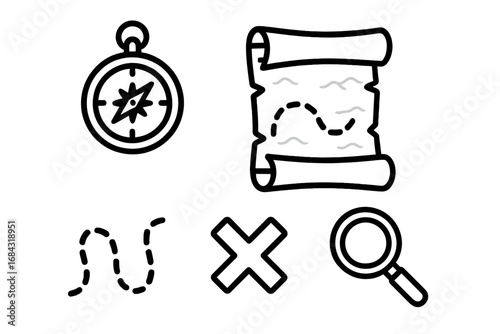 Treasure map icons outline set with compass, rolled parchment, dotted path trail, "X" mark treasure spot, magnifying glass vector cartoon illustration, navigation elements for adventure