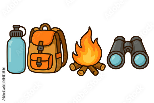Outdoor adventure and hiking equipment icons. Set of vector cartoon illustrations with backpack, water bottle, campfire, binoculars. For camping, travel, and survival concepts.