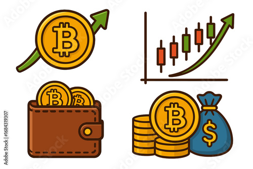 Bitcoin cryptocurrency vector icon set. Financial growth concept with candlestick chart and bull market arrow. Digital money wallet, crypto coin stack and profit bag cartoon.