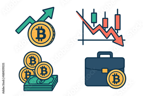 Bitcoin cryptocurrency icon set for finance and investment. Vector illustrations of bull and bear market trends, trading chart, digital money portfolio and crypto exchange.