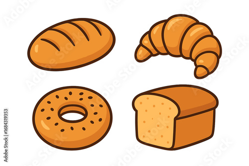 Variety of baked goods including bread, croissant, bagel, and loaf in colorful cartoon vector style, isolated on transparent background, bakery food illustration