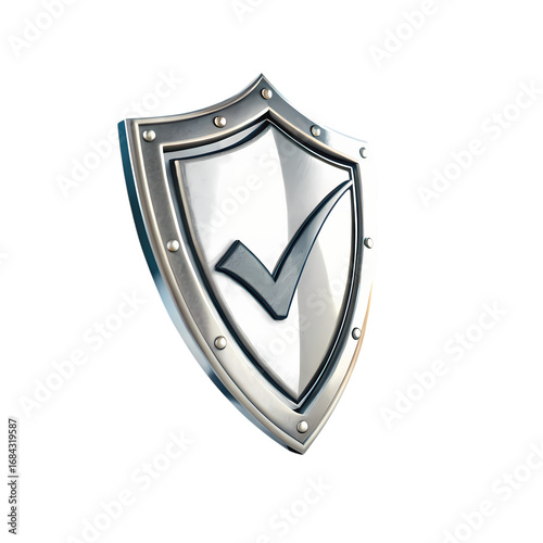 3D Metallic Shield with Green Checkmark Icon Representing Protection