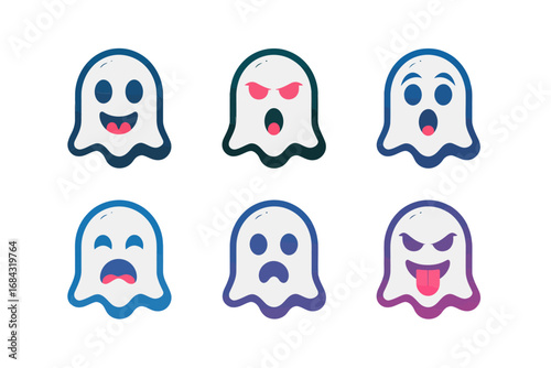 Cute ghost vector set, cartoon spooky spirits with funny expressions, halloween character icons, friendly phantom clipart, children party graphics