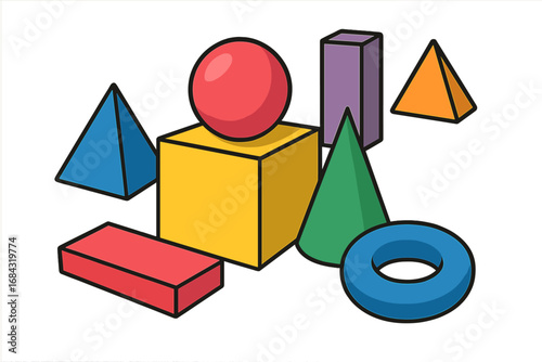 Set of colorful 3D geometric shapes. Vector illustration of basic solid forms like cube, sphere, pyramid, cone, prism, torus. Math, geometry, education, science concept.