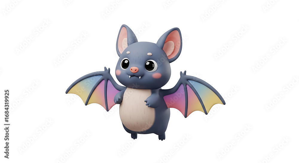 Obraz premium A cute, cartoon-style bat with rainbow-colored wings stands with a friendly expression against a white background.