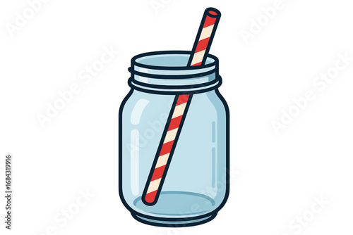 Glass mason jar with straw vector icon. Empty glassware for summer beverage, lemonade, juice, or smoothie. Reusable container concept for cafe, party, or picnic menu design.