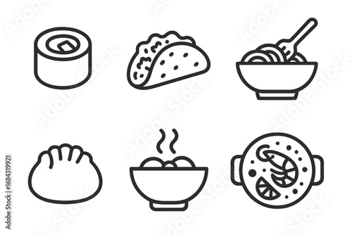 World food icons. Global cuisine line icon set. Vector collection of international dishes: Japanese sushi, Mexican taco, Italian pasta, Chinese dumpling, paella, curry.