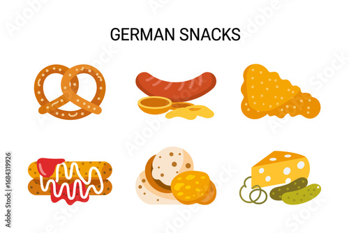 German snack icons collection, pretzel sausage cheese potato bread roll bites, savory finger food festival street food vector illustrations