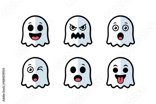 Cartoon ghost vector collection, halloween spirit icons with scary and happy faces, spooky phantom set, fun seasonal clipart illustrations