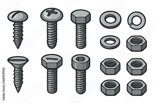 Various Types of Metallic Fasteners Including Screws, Bolts, Washers, and Nuts Displayed on Neutral Background, Vector Cartoon Illustration for Industrial and DIY Use