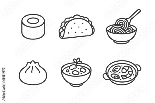 International cuisine line icon set. World food collection with sushi, taco, pasta, paella, dumpling, curry. Vector outline symbols for restaurant menu or delivery.