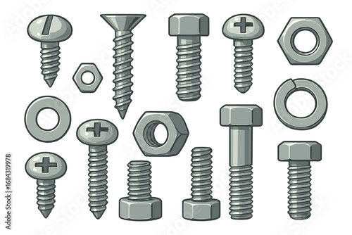 Various types of metallic fasteners including screws, bolts, washers, and nuts displayed on a neutral background. Vector cartoon illustration of hardware tools for construction and industry