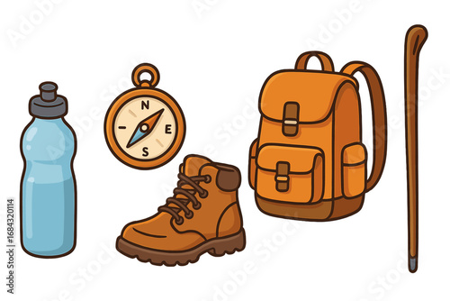 Hiking essentials and camping gear icon set. Vector cartoon illustration of outdoor adventure equipment: water bottle, compass, boot, backpack, and walking stick clip art.