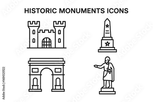 Historic monuments outline icon set. Ancient castle, war memorial, triumphal arch, statue. Landmark architecture symbol collection. Tourism, history, travel pictogram vector.