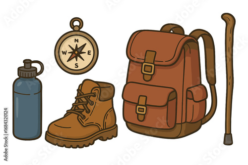 Hiking and camping equipment set. Outdoor adventure and travel essentials icons. Backpack, compass, boot, water bottle, walking stick. Vector cartoon illustration isolated.