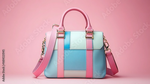 Colorful patchwork handbag with pink, blue, green and yellow hues and pink handles against pink and blue split background