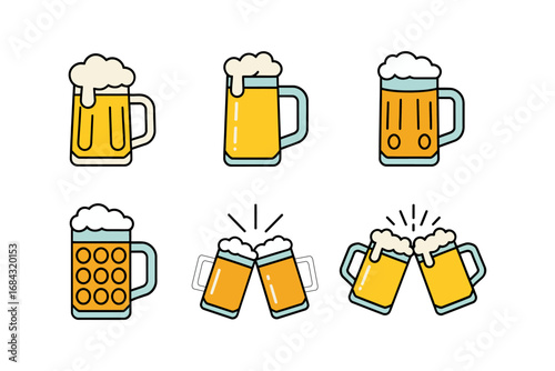 Beer cheers icons set, frothy mug clink toasting illustrations, beer festival symbols, pub night badges, celebration drink vector elements