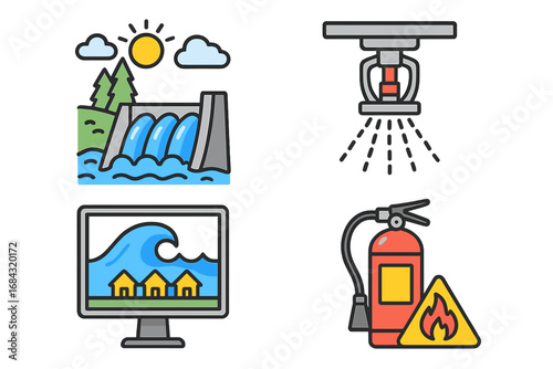 Environmental management systems and technologies for water conservation, flood monitoring, fire safety, and fire suppression - Vector cartoon illustration with transparent background