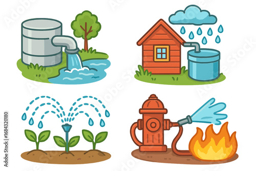 Colorful cartoon vector illustration of environmental management systems and technologies for water supply, rainwater harvesting, irrigation, and fire control, eco solutions and infrastructure