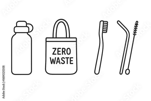 Zero Waste Icons Outline Set, Eco-Friendly Lifestyle Vector Illustrations, Reusable Water Bottle, Cloth Tote Bag, Bamboo Toothbrush, Metal Straw, Sustainable Living, Cartoon Style