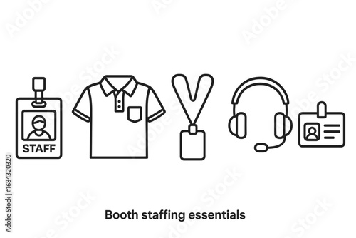 Booth staffing essentials icon set, outline vector illustration of staff badges, polo shirts, lanyards, headsets, and name tags for event and exhibition personnel