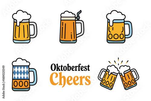 Oktoberfest beer mug icons, clinking steins frothy glass mugs, cheers celebration badges, festival toast illustrations, party drink vector set