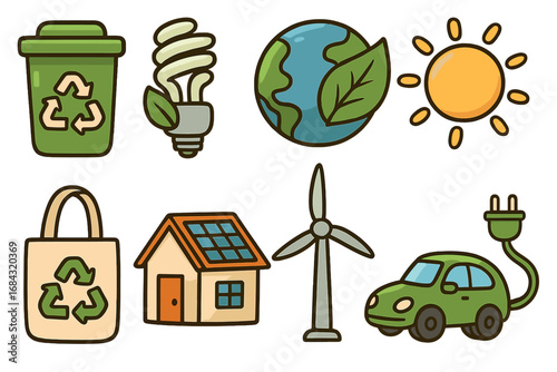 Sustainable living and eco-friendly concepts with renewable energy, recycling, green technology, environmental protection, solar power, wind energy, electric vehicles, and conservation illustration