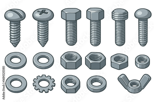 Various types of metallic fasteners including screws, bolts, washers, nuts, and wing nuts, realistic vector cartoon illustration on neutral background for industrial and mechanical use