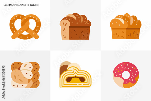 Bakery and pastry vector pack, bread pretzel cake roll donut, bakery product icons, German pastry assortment, breakfast food graphic set