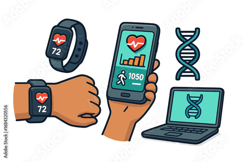 Innovative Health Technologies and Personalized Wellness Tools for Modern Lifestyle, Vector Cartoon Illustration with Smartwatch, Smartphone, DNA Analysis, and Laptop in Transparent Background