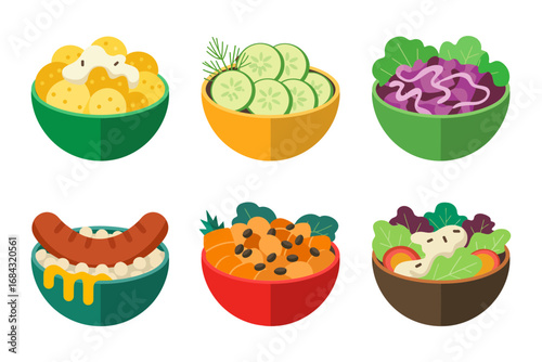 Healthy salad bowl collection, mixed greens colorful vegetables, grain bowls with roasted sausage, fresh picnic lunch, nutritious meal illustration set