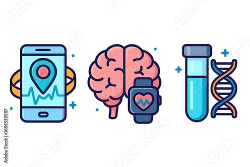 Innovative Health Technology Icons Illustrating Tracking, Brain Health Monitoring, and Gene Analysis in a Modern Flat Vector Cartoon Style with Transparent Background