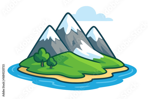 Islands showcasing diverse landscapes with snowy mountains, volcano, desert cactus, green forests, and sandy beaches in bright day vector cartoon illustration with transparent background