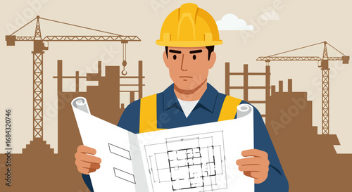 Construction Worker Examining Blueprints at Building Site.