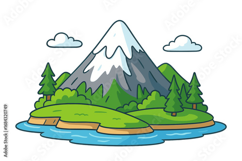 Islands showcasing diverse landscapes with snowy mountains, a volcano, desert cactus, and lush greenery during a bright sunny day. Vector cartoon illustration with transparent background