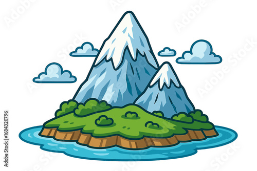 Colorful Islands with Diverse Landscapes Featuring Snowy Mountains, Volcano, and Desert Cactus Under Bright Blue Sky, Vector Cartoon Illustration with Transparent Background
