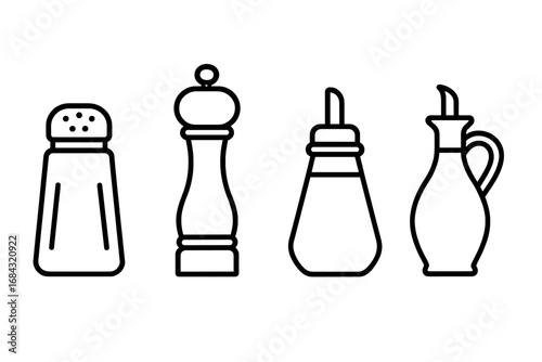 Kitchen seasoning icons set. Outline vector illustrations of kitchen seasoning shakers including salt shaker, pepper mill, sugar dispenser, oil cruet, cooking essentials, transparent background