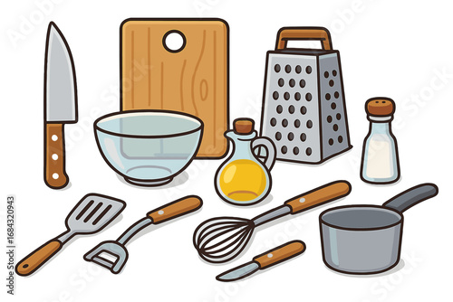 Kitchen Tools and Utensils Set for Meal Preparation, Cutting Board, Knife, Whisk, Grater, Oil Bottle, Salt Shaker, Saucepan, Peeler, Spatula in Modern Cartoon Style Vector Illustration